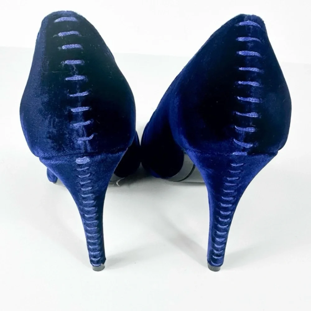 Alice & Olivia Sapphire Blue Velvet Heels Stitch Details